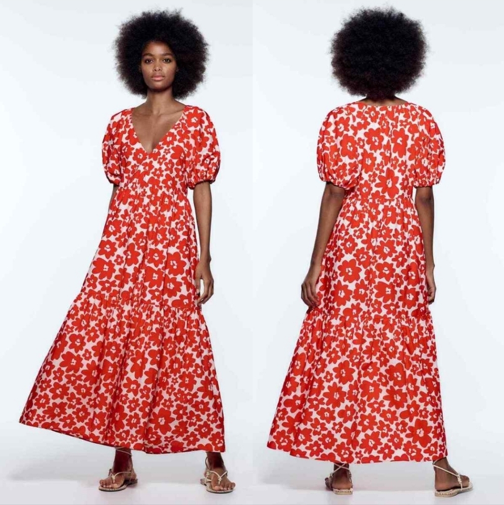 Zara Red and White Floral Maxi Dress